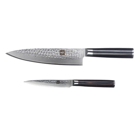 Kyotsu 2er-Set Pakka: Chefmesser und Allzweckmesser freigestellt vor weissem Hintergrund.