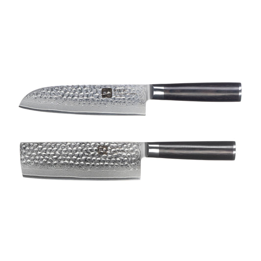 Kyotsu 2er-Set Pakka: Santoku-Messer und Nakiri-Messer freigestellt vor weissem Hintergrund.