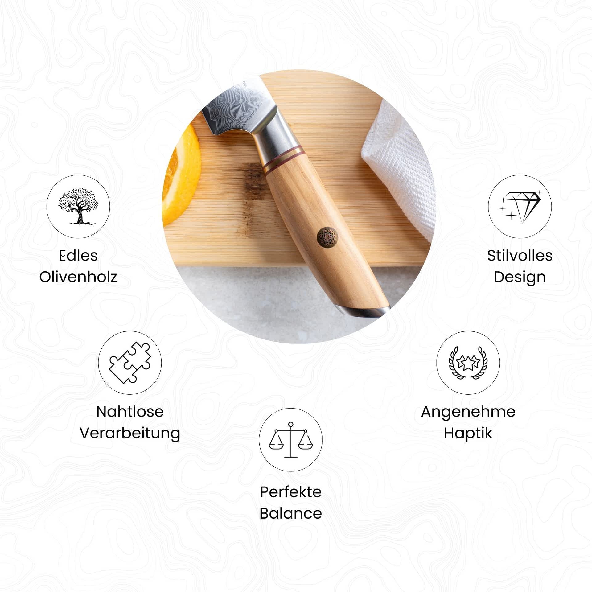 Bild des Olivenholzgriffes inkl. Aufzählung von 5 Vorteilen des Griffes.