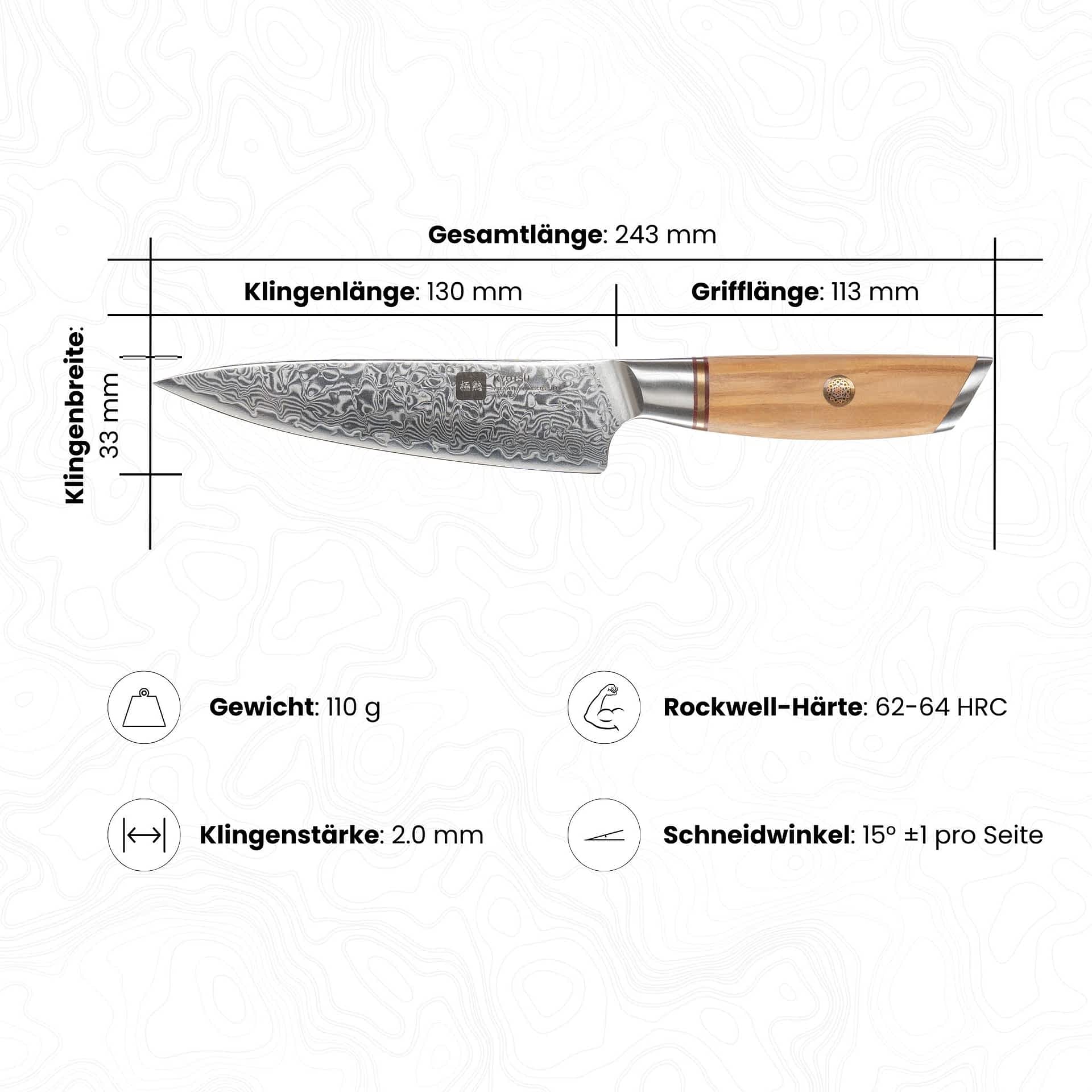Abbildung des Kyotsu Brotmesser inkl. Masse und Gewicht, Rockwell-Härte und Schneidwinkel.