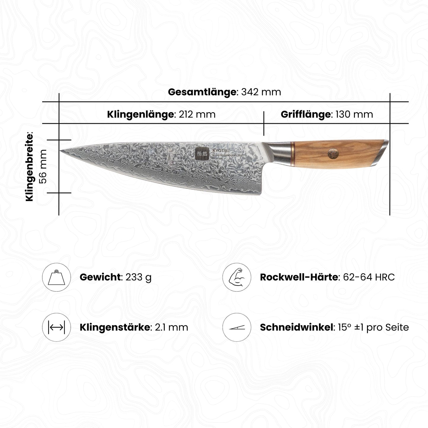 Abbildung des Kyotsu Chefmesser inkl. Masse und Gewicht, Rockwell-Härte und Schneidwinkel.