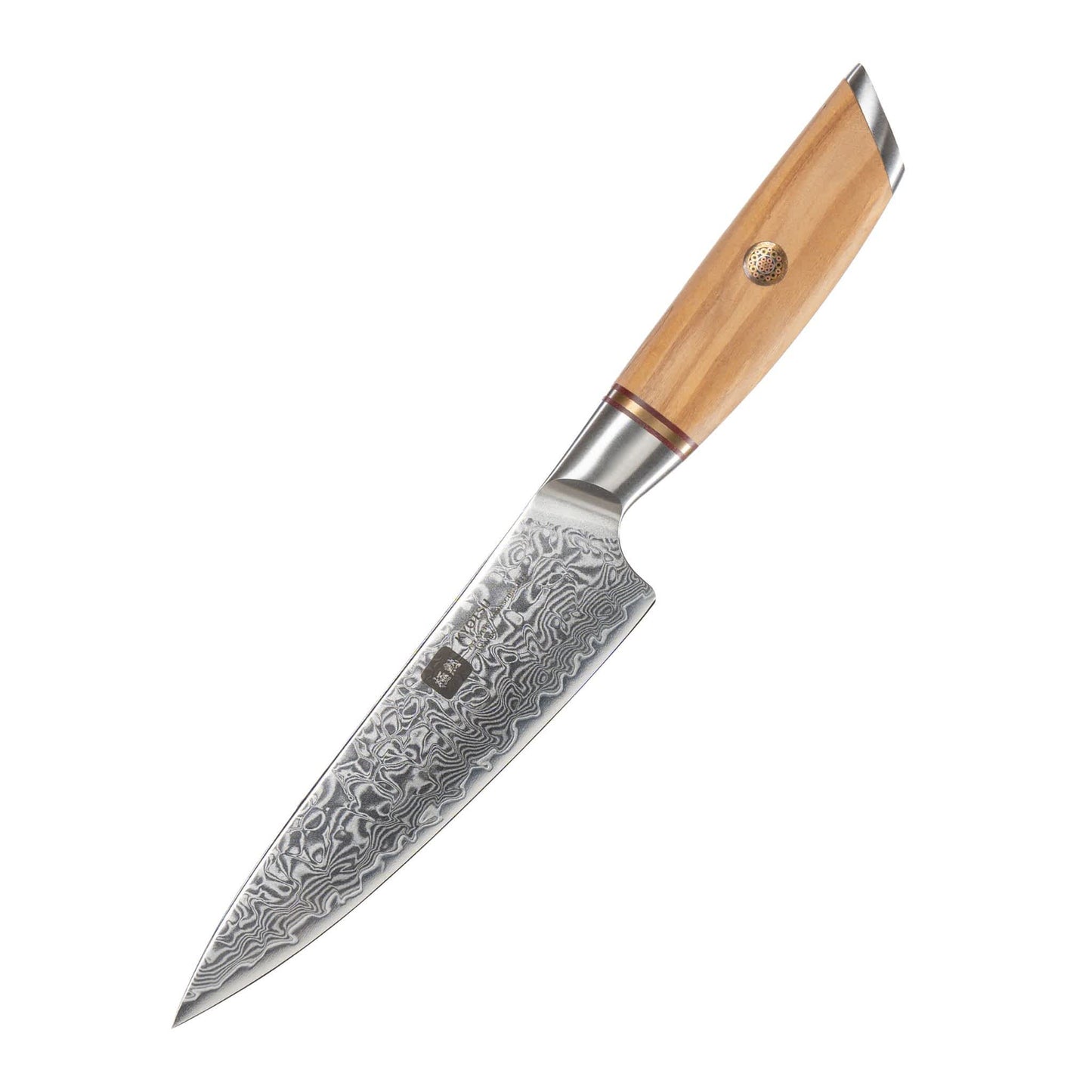 Kyotsu Allzweckmesser aus Damaststahl als edle Produktaufnahme auf weissem Hintergrund – klare Detailansicht.