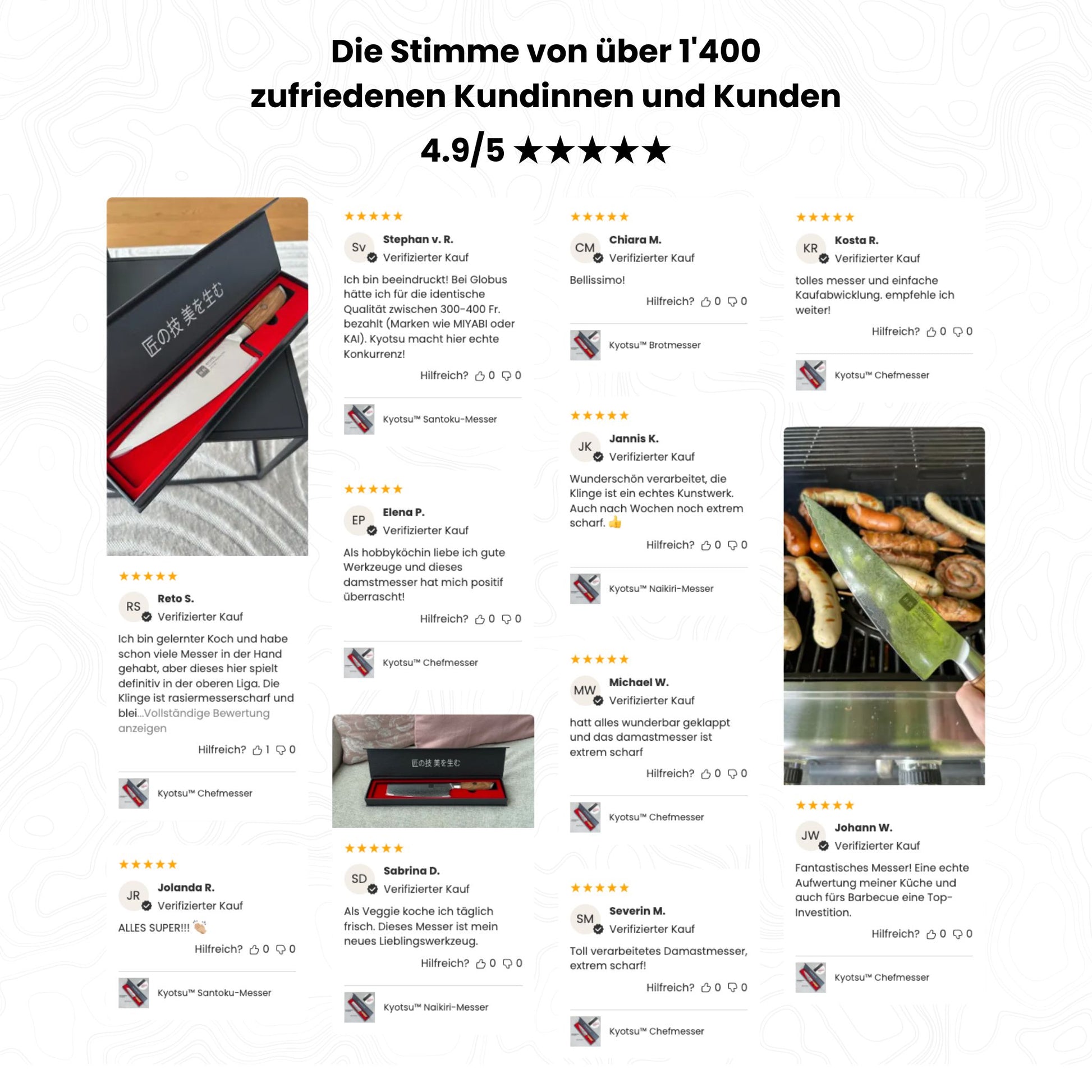 Diverse Screenshots von zufriedenen Kundinnen -und Kundenbewertungen von Kyotsu. Über 1'400 zufriedene Kundinnen und Kunden. Bewertung 4.9 von 5 Sternen.
