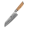 Produktaufnahme des Kyotsu Santoku-Messer aus 73 Lagen Damaststahl und Olivenholz-Griff