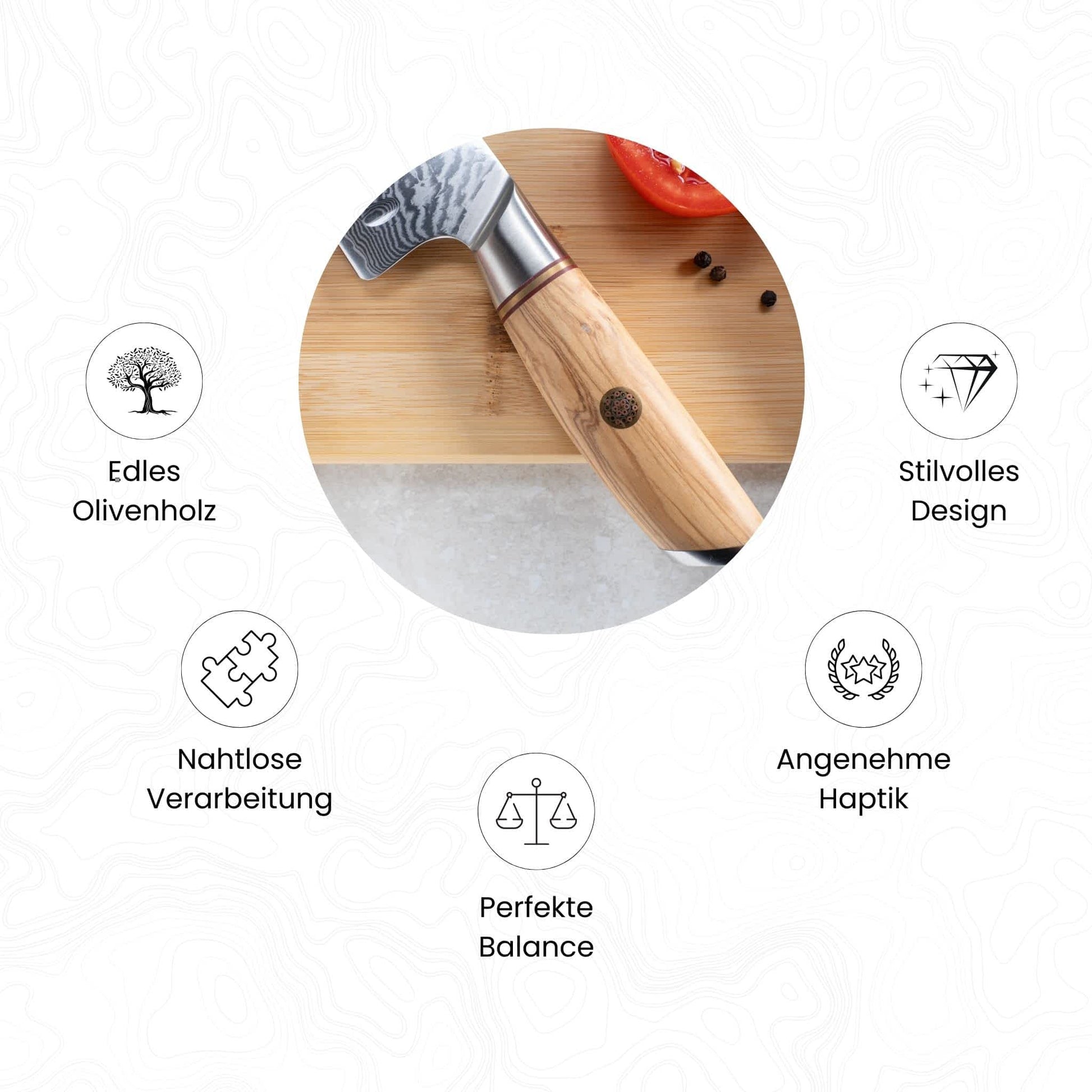 Bild des Olivenholzgriffes inkl. Aufzählung von 5 Vorteilen des Griffes.