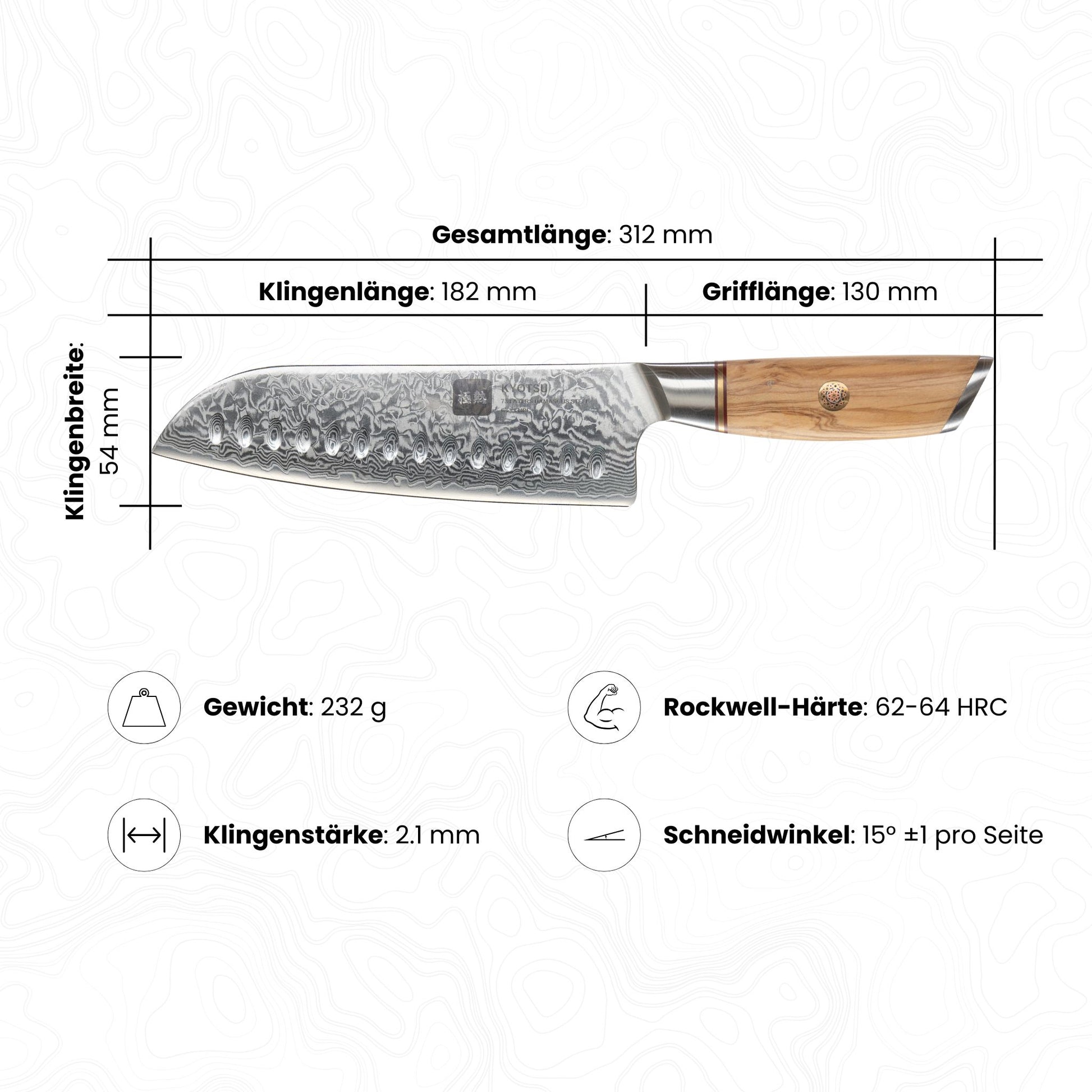 Abbildung des Kyotsu Santoku-Messer inkl. Masse und Gewicht, Rockwell-Härte und Schneidwinkel.