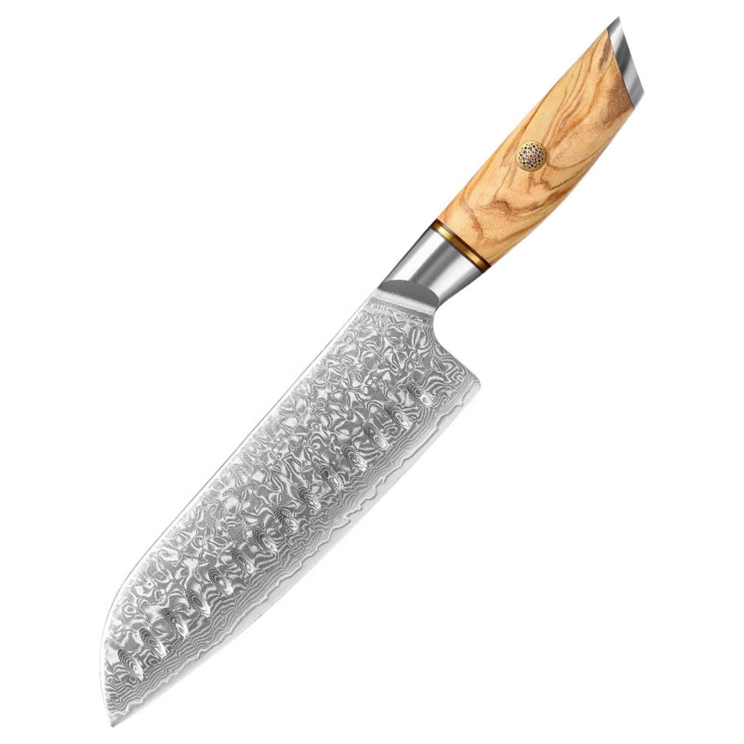 Kyotsu Santoku-Messer aus Damaststahl als edle Produktaufnahme auf weissem Hintergrund – klare Detailansicht.