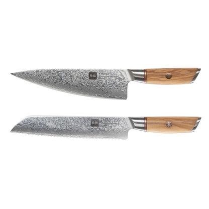 Kyotsu 2er-Set: Chefmesser und Brotmesser freigestellt vor weissem Hintergrund.