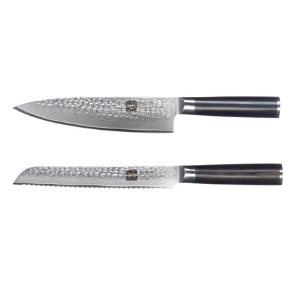 Kyotsu 2er-Set Pakka: Chefmesser und Brotmesser freigestellt vor weissem Hintergrund.