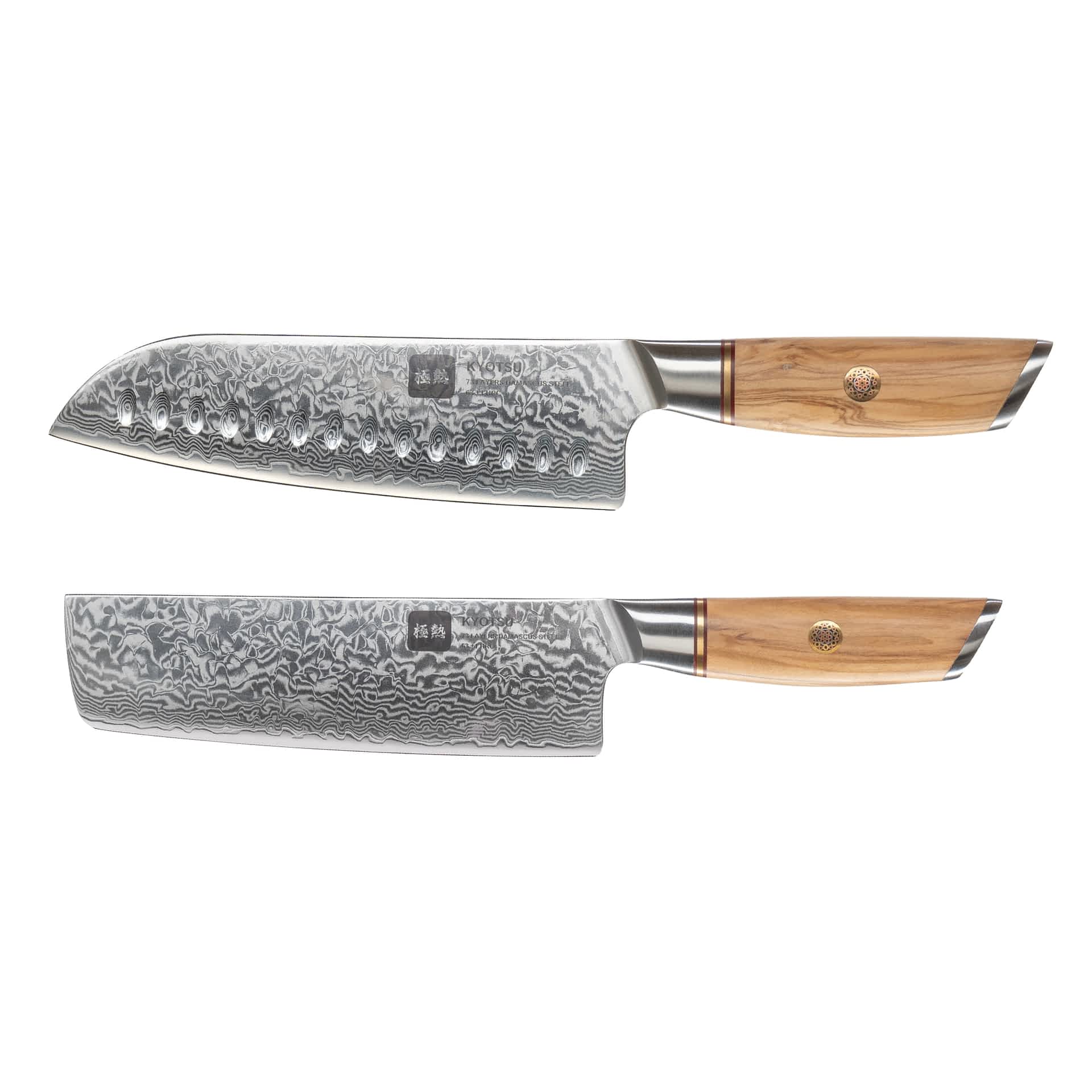 Kyotsu 2er-Set: Santoku-Messer und Nakiri-Messer freigestellt vor weissem Hintergrund.