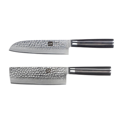 Kyotsu 2er-Set Pakka: Santoku-Messer und Nakiri-Messer freigestellt vor weissem Hintergrund.