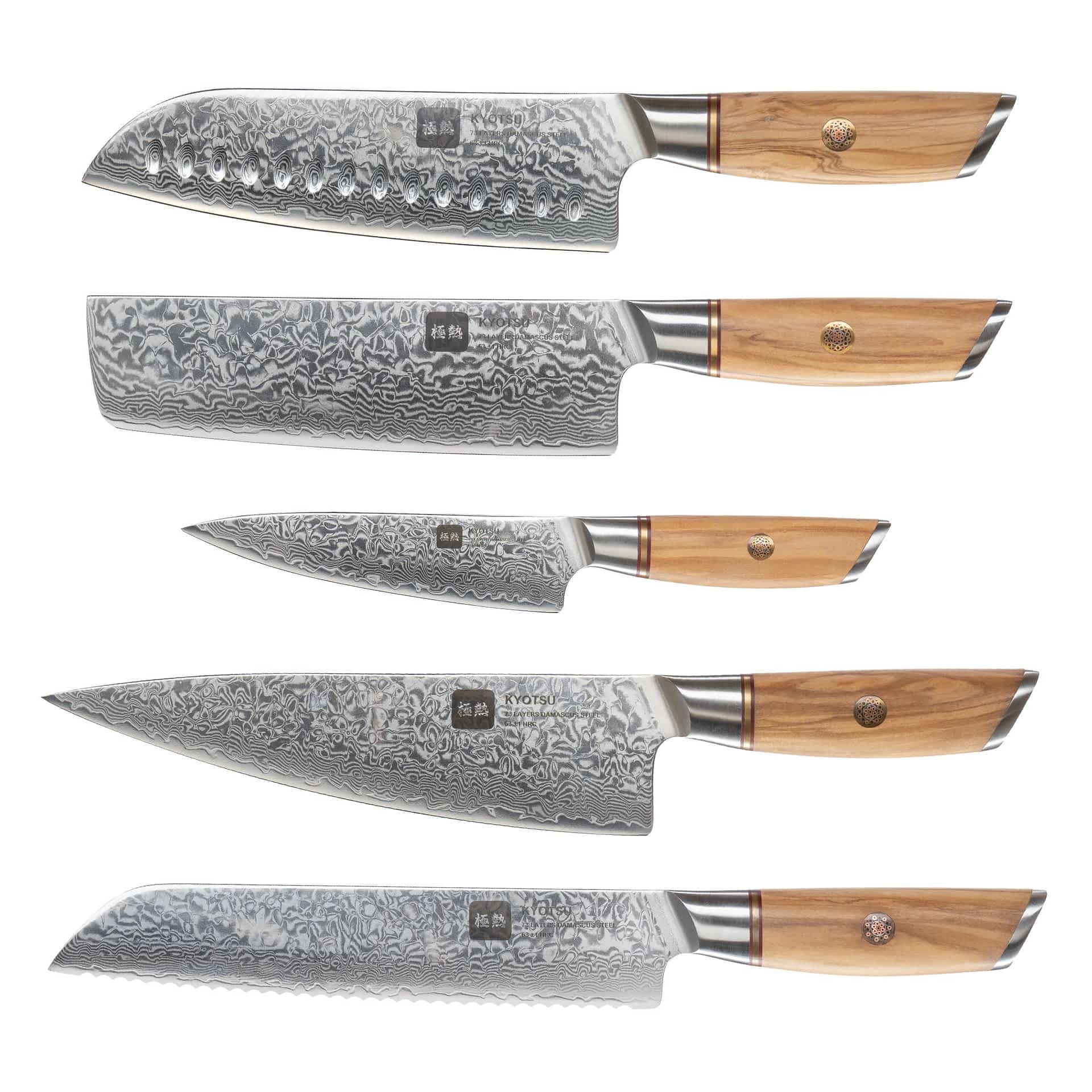 Kyotsu 5er-Set: Santoku-Messer, Nakiri-Messer, Chefmesser, Allzweckmesser und Brotmesser freigestellt vor weissem Hintergrund.