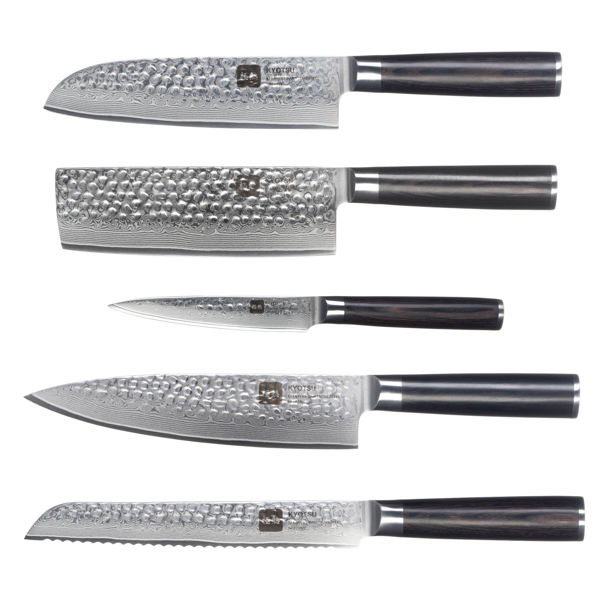 Kyotsu 5er-Set Pakka: Santoku-Messer, Nakiri-Messer, Chefmesser, Allzweckmesser und Brotmesser freigestellt vor weissem Hintergrund.