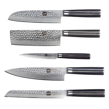 Kyotsu 5er-Set Pakka: Santoku-Messer, Nakiri-Messer, Chefmesser, Allzweckmesser und Brotmesser freigestellt vor weissem Hintergrund.