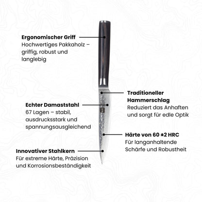 Abbildung Kyotsu Damastmesser mit Beschreibung von diversen Vorteilen (z.B. Damaststahl, Griff, Pulverstahlkern etc.)