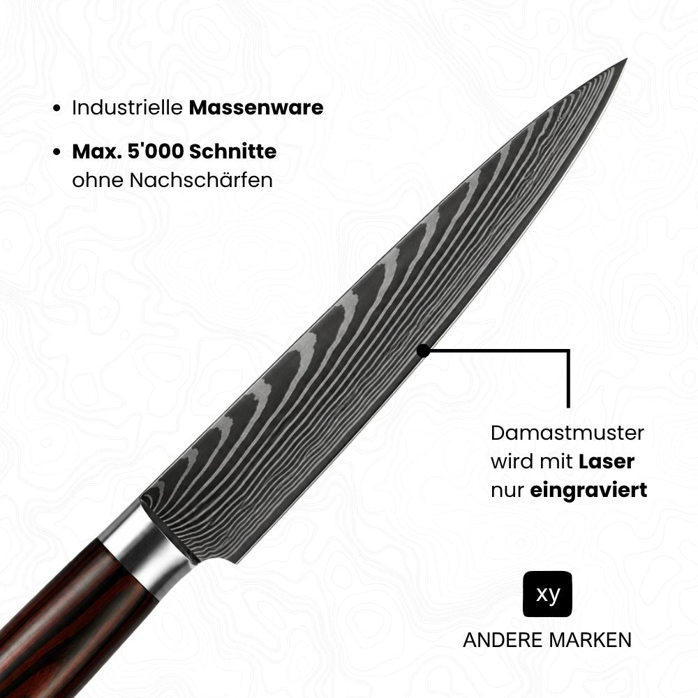 Klinge von einem billigen Damast-Fake (Allzweckmesser) mit diversen Angaben; Damastmuster wird mit Laser nur eingraviert, Industrielle Massenware, Max. 5'000 Schnitte ohne Nachschärfen