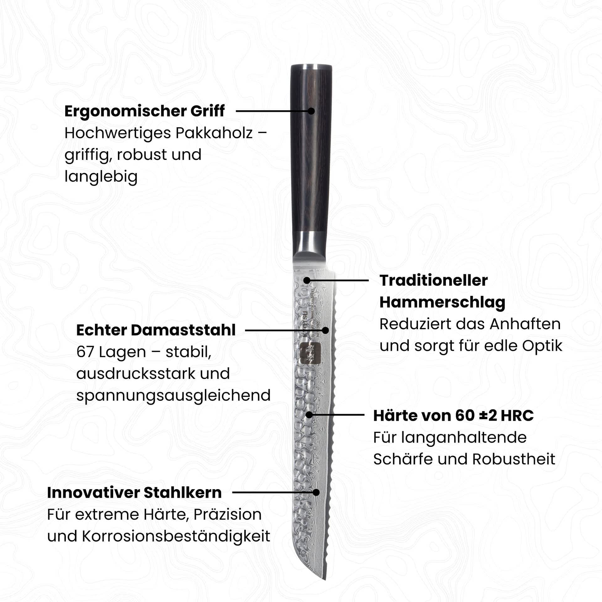 Abbildung Kyotsu Damastmesser mit Beschreibung von diversen Vorteilen (z.B. Damaststahl, Griff, Pulverstahlkern etc.)
