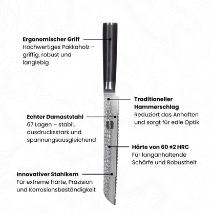 Abbildung Kyotsu Damastmesser mit Beschreibung von diversen Vorteilen (z.B. Damaststahl, Griff, Pulverstahlkern etc.)