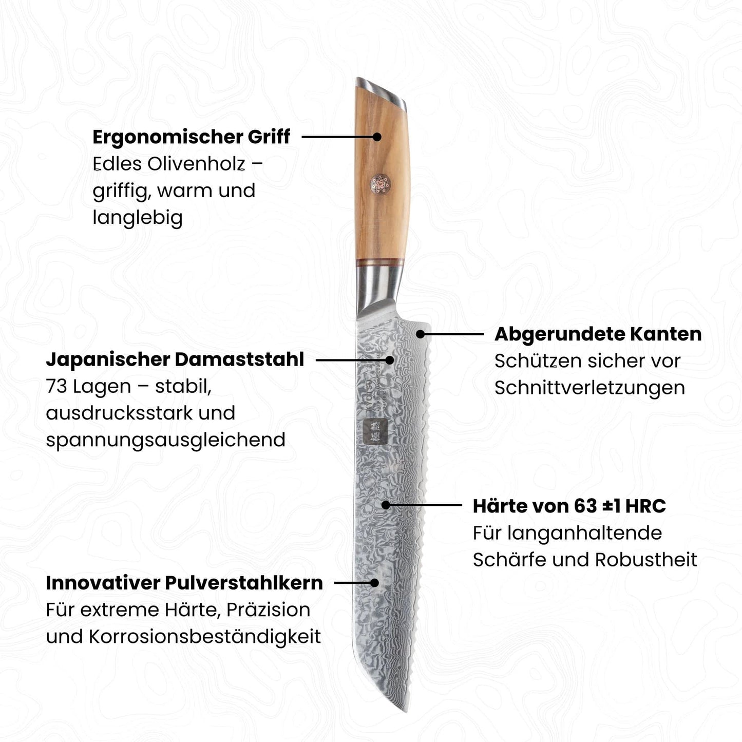 Abbildung Kyotsu Damastmesser mit Beschreibung von diversen Vorteilen (z.B. Damaststahl, Griff, Pulverstahlkern etc.)