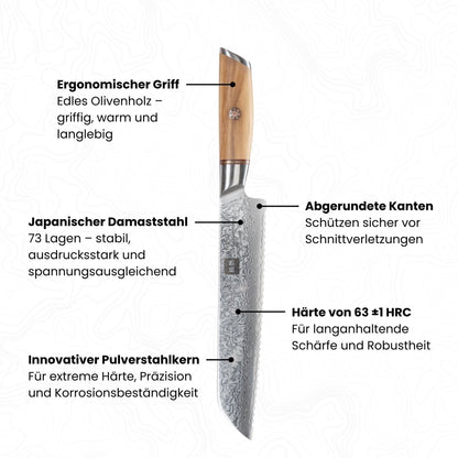 Abbildung Kyotsu Damastmesser mit Beschreibung von diversen Vorteilen (z.B. Damaststahl, Griff, Pulverstahlkern etc.)