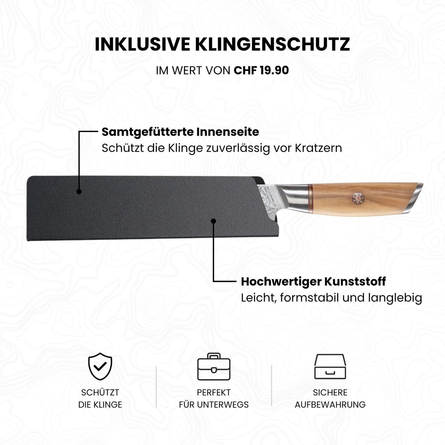 Kyotsu Klingenschutz für Brotmesser: hochwertiger Kunststoff mit samtgefütterter Innenseite schützt die Klinge zuverlässig vor Kratzern. Leicht, formstabil und langlebig, ideal für sichere Aufbewahrung und unterwegs.