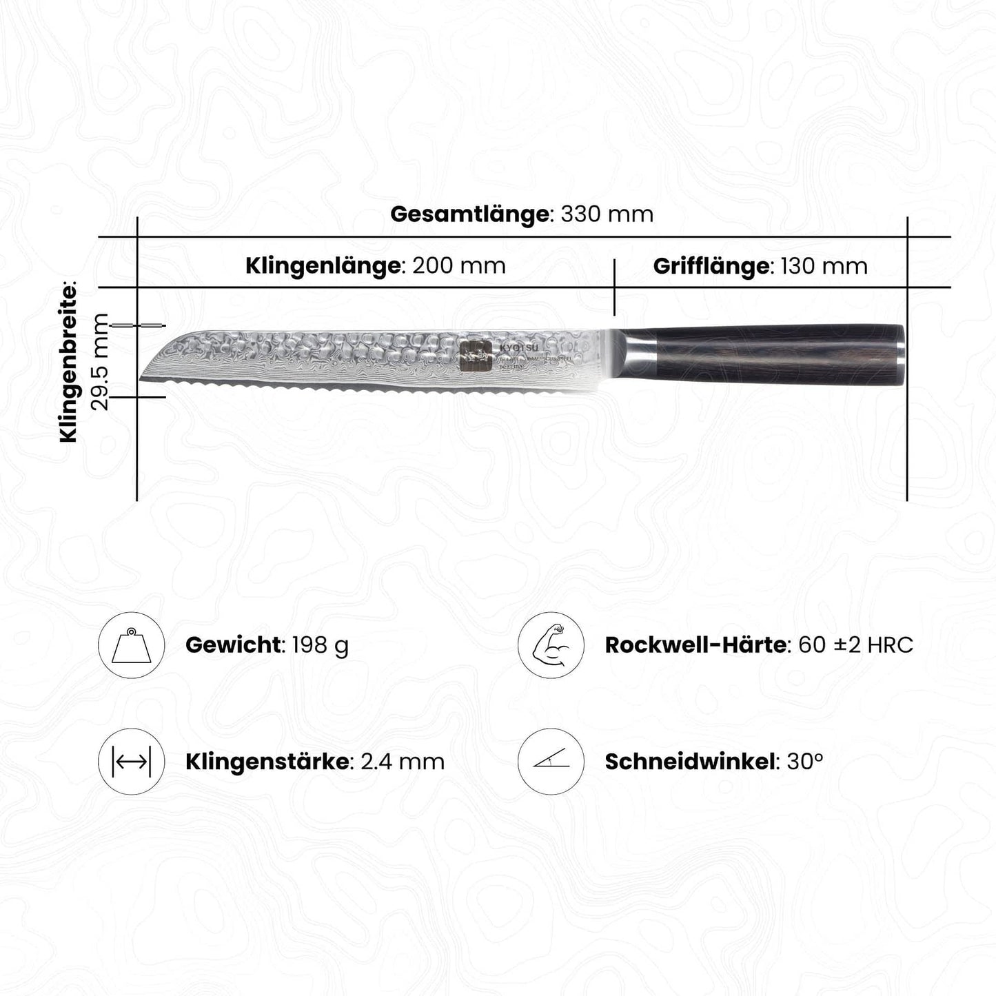 Abbildung des Kyotsu Brotmesser inkl. Masse und Gewicht, Rockwell-Härte und Schneidwinkel.