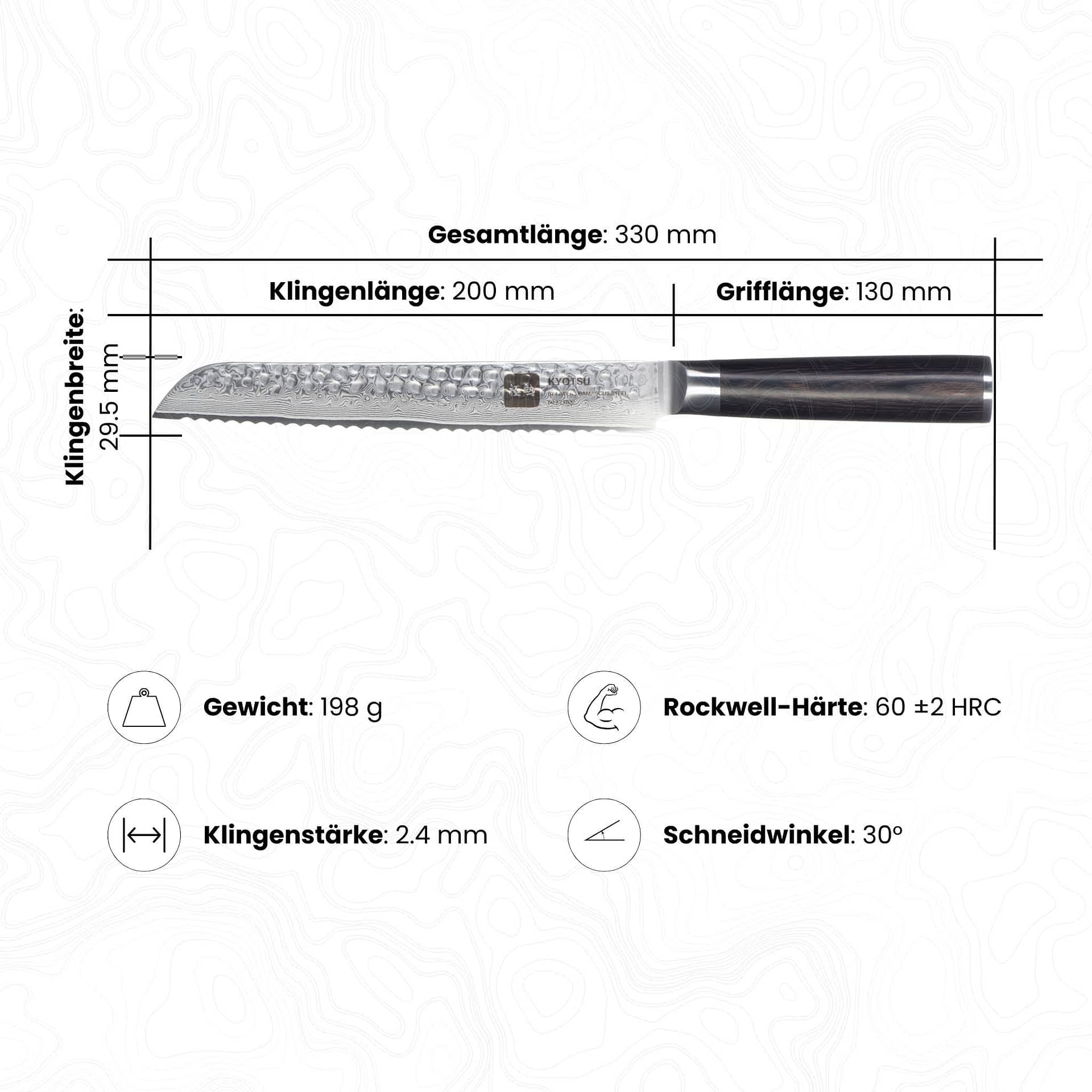 Abbildung des Kyotsu Brotmesser inkl. Masse und Gewicht, Rockwell-Härte und Schneidwinkel.