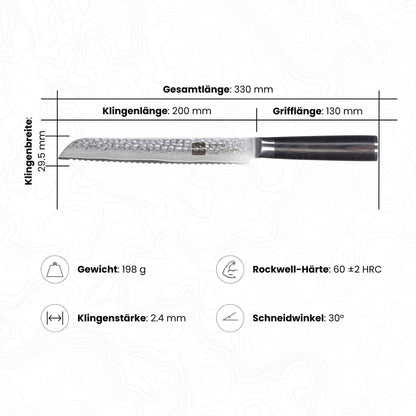 Abbildung des Kyotsu Brotmesser inkl. Masse und Gewicht, Rockwell-Härte und Schneidwinkel.