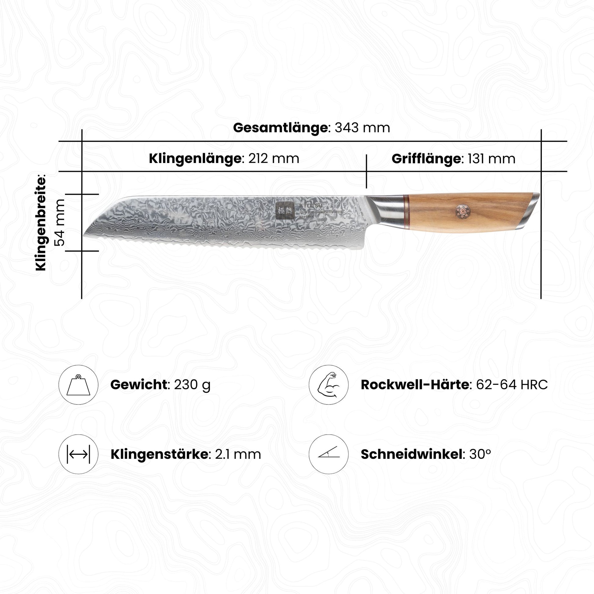 Abbildung des Kyotsu Brotmesser inkl. Masse und Gewicht, Rockwell-Härte und Schneidwinkel.