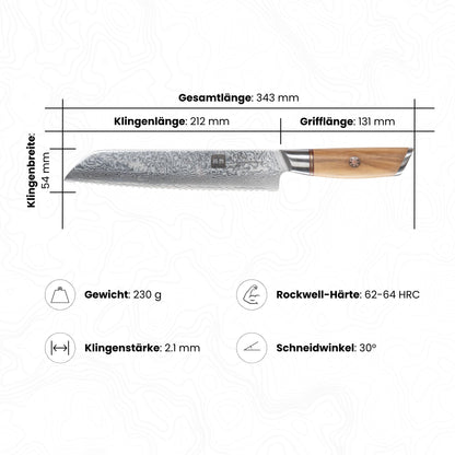 Abbildung des Kyotsu Brotmesser inkl. Masse und Gewicht, Rockwell-Härte und Schneidwinkel.