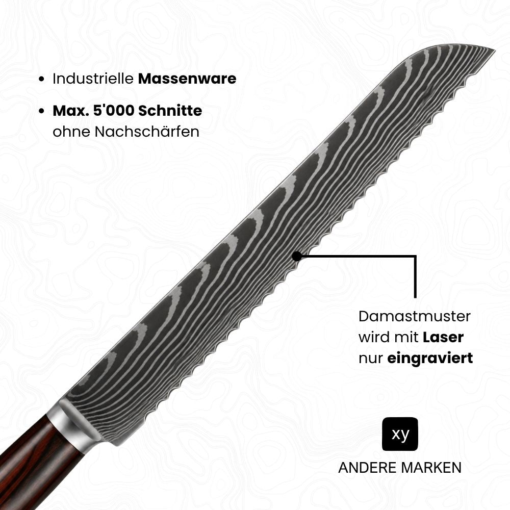 Klinge von einem billigen Damast-Fake (Brotmesser) mit diversen Angaben; Damastmuster wird mit Laser nur eingraviert, Industrielle Massenware, Max. 5'000 Schnitte ohne Nachschärfen