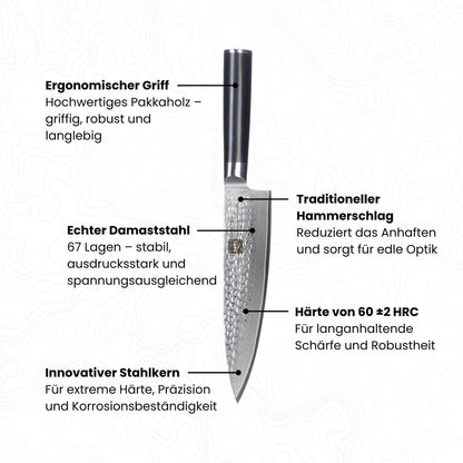 Abbildung Kyotsu Damastmesser mit Beschreibung von diversen Vorteilen (z.B. Damaststahl, Griff, Pulverstahlkern etc.)