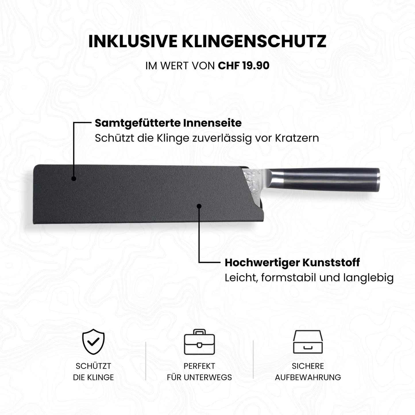 Kyotsu Klingenschutz für Chefmesser: hochwertiger Kunststoff mit samtgefütterter Innenseite schützt die Klinge zuverlässig vor Kratzern. Leicht, formstabil und langlebig, ideal für sichere Aufbewahrung und unterwegs.