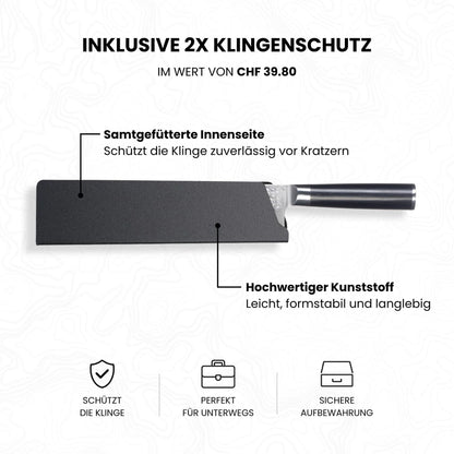Kyotsu Klingenschutz für Chefmesser: hochwertiger Kunststoff mit samtgefütterter Innenseite schützt die Klinge zuverlässig vor Kratzern. Leicht, formstabil und langlebig, ideal für sichere Aufbewahrung und unterwegs.