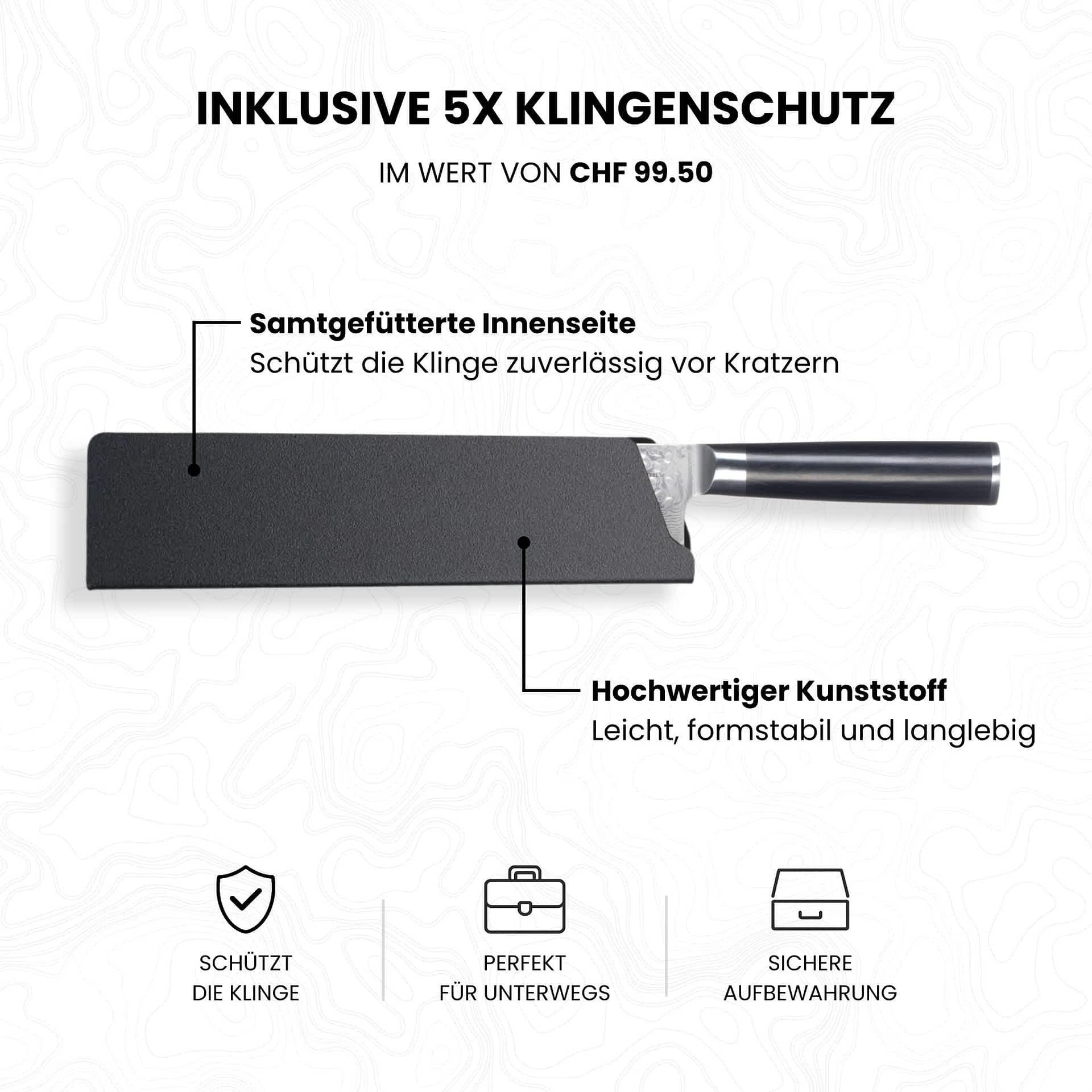 Kyotsu Klingenschutz für Chefmesser: hochwertiger Kunststoff mit samtgefütterter Innenseite schützt die Klinge zuverlässig vor Kratzern. Leicht, formstabil und langlebig, ideal für sichere Aufbewahrung und unterwegs.