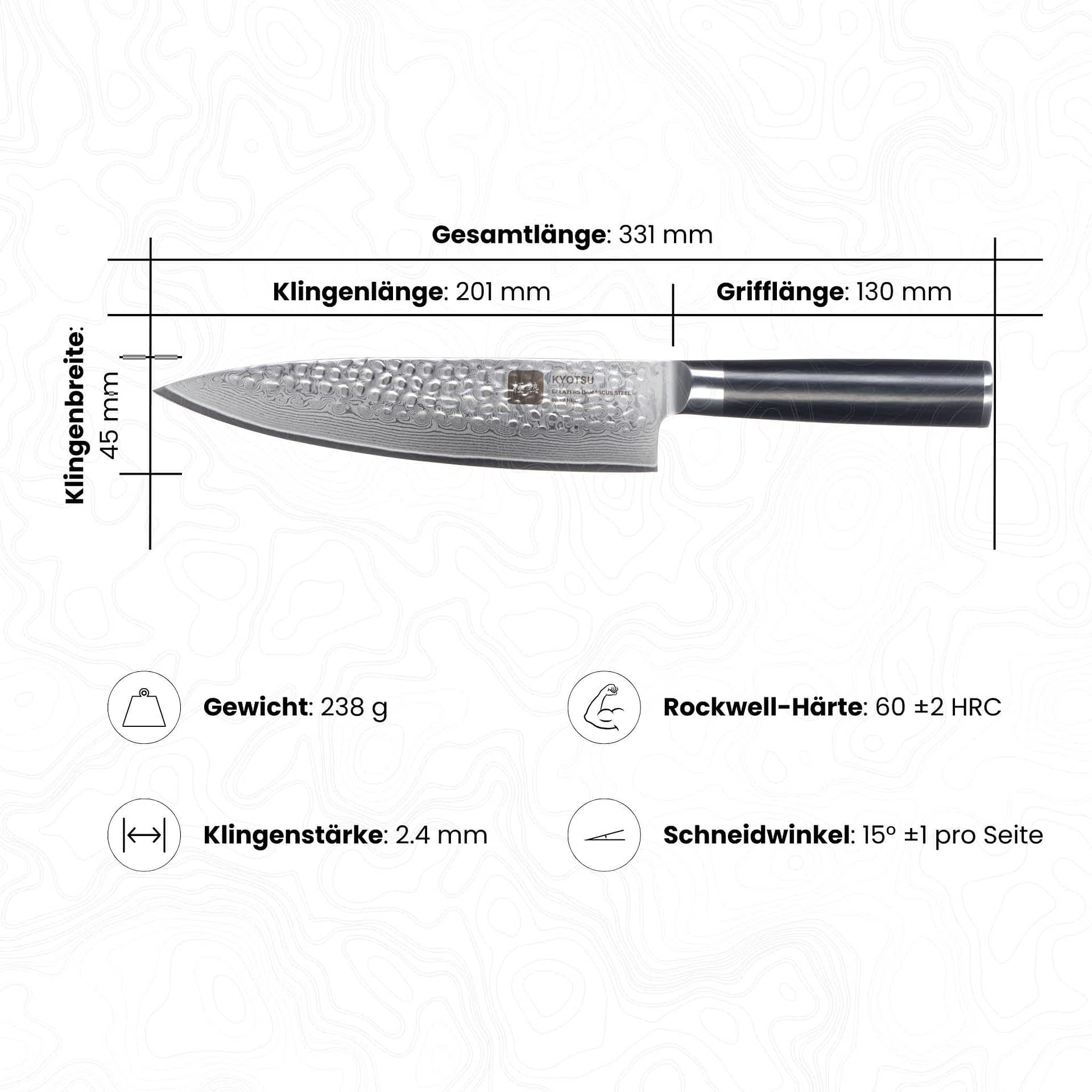 Abbildung des Kyotsu Chefmesser inkl. Masse und Gewicht, Rockwell-Härte und Schneidwinkel.
