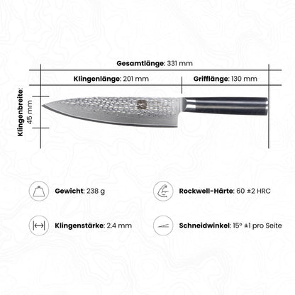 Abbildung des Kyotsu Chefmesser inkl. Masse und Gewicht, Rockwell-Härte und Schneidwinkel.