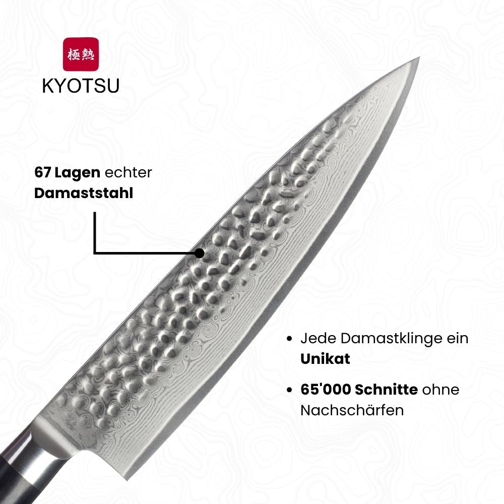 Klinge vom Kyotsu Chefmesser mit diversen Angaben; 67 Lagen echter japanischer Damaststahl, Jede Damastklinge ein Unikat, 65'000 Schnitte ohne Nachschärfen
