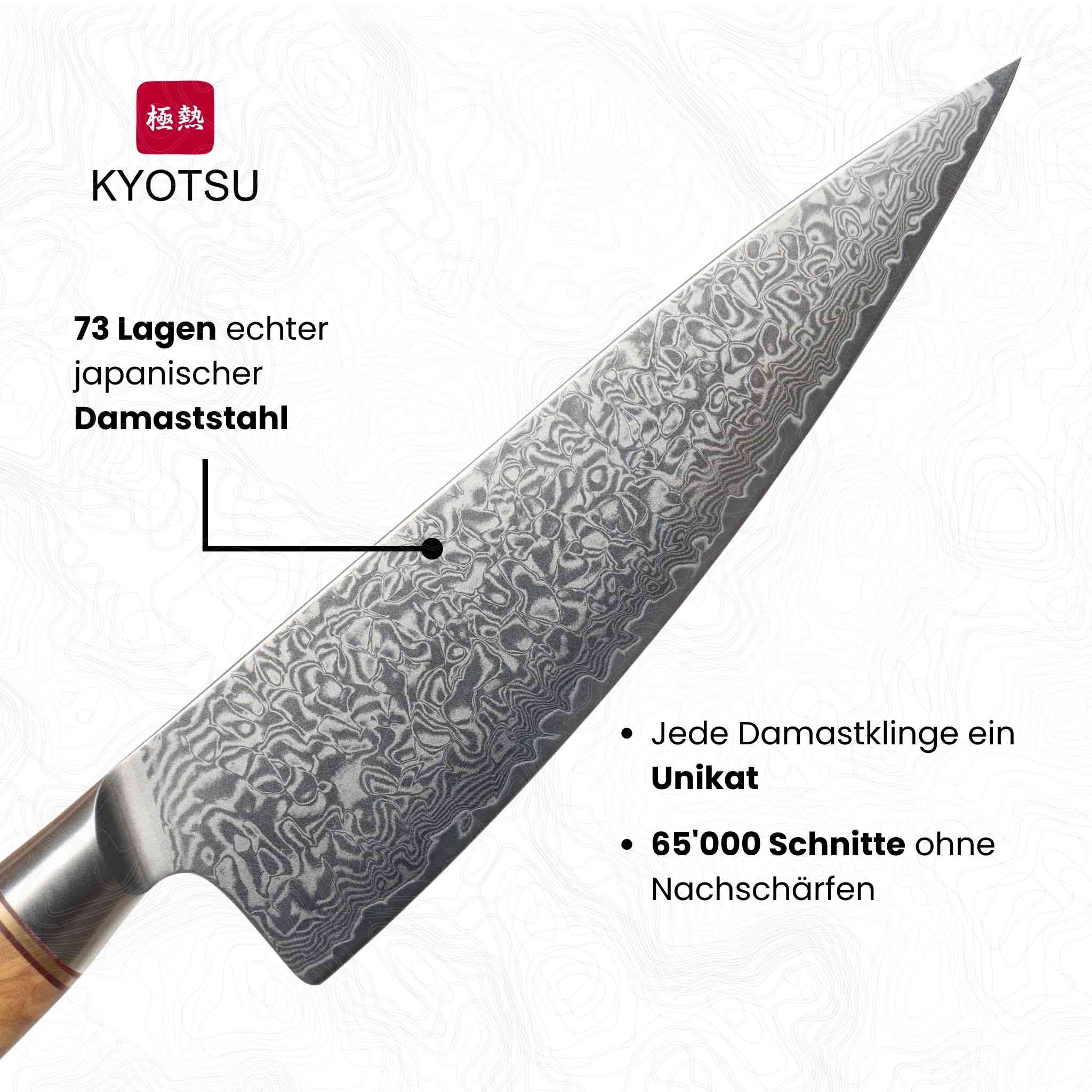 Klinge vom Kyotsu Chefmesser mit diversen Angaben; 73 Lagen echter japanischer Damaststahl, Jede Damastklinge ein Unikat, 65'000 Schnitte ohne Nachschärfen