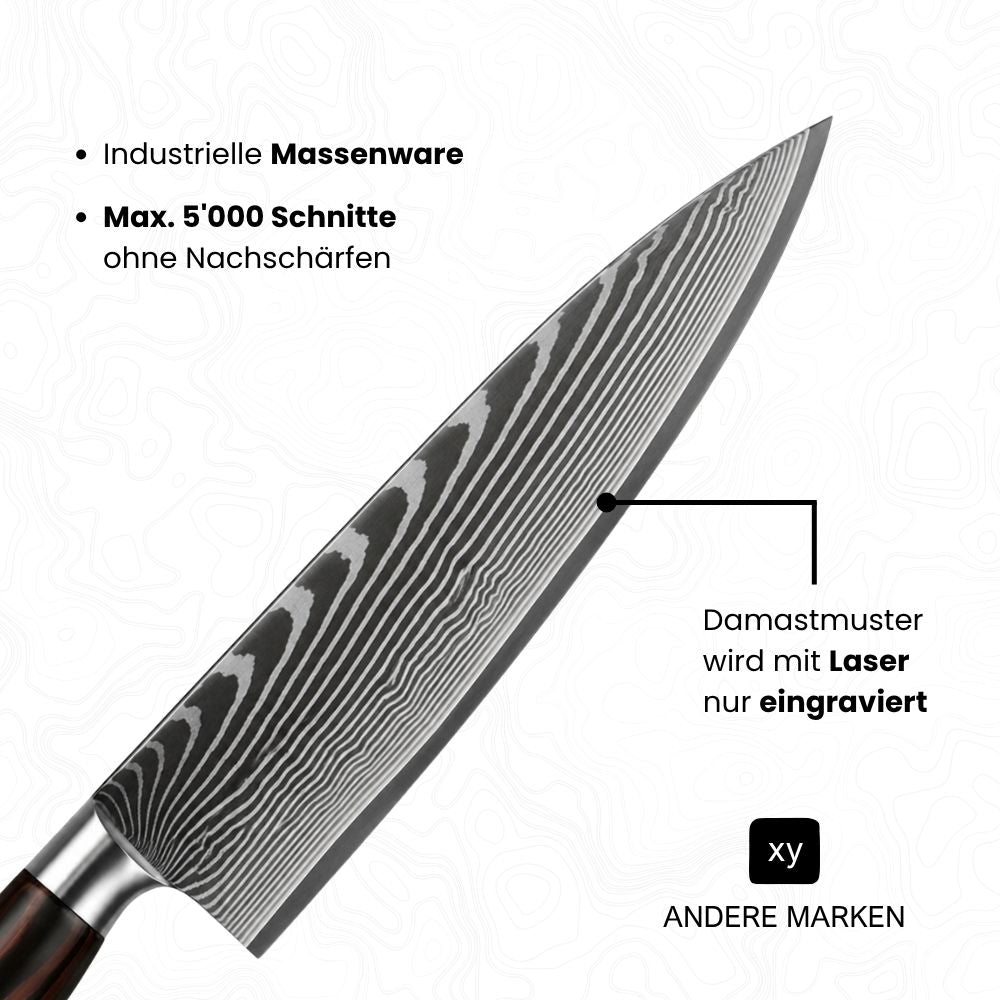 Klinge von einem billigen Damast-Fake (Chefmesser) mit diversen Angaben; Damastmuster wird mit Laser nur eingraviert, Industrielle Massenware, Max. 5'000 Schnitte ohne Nachschärfen