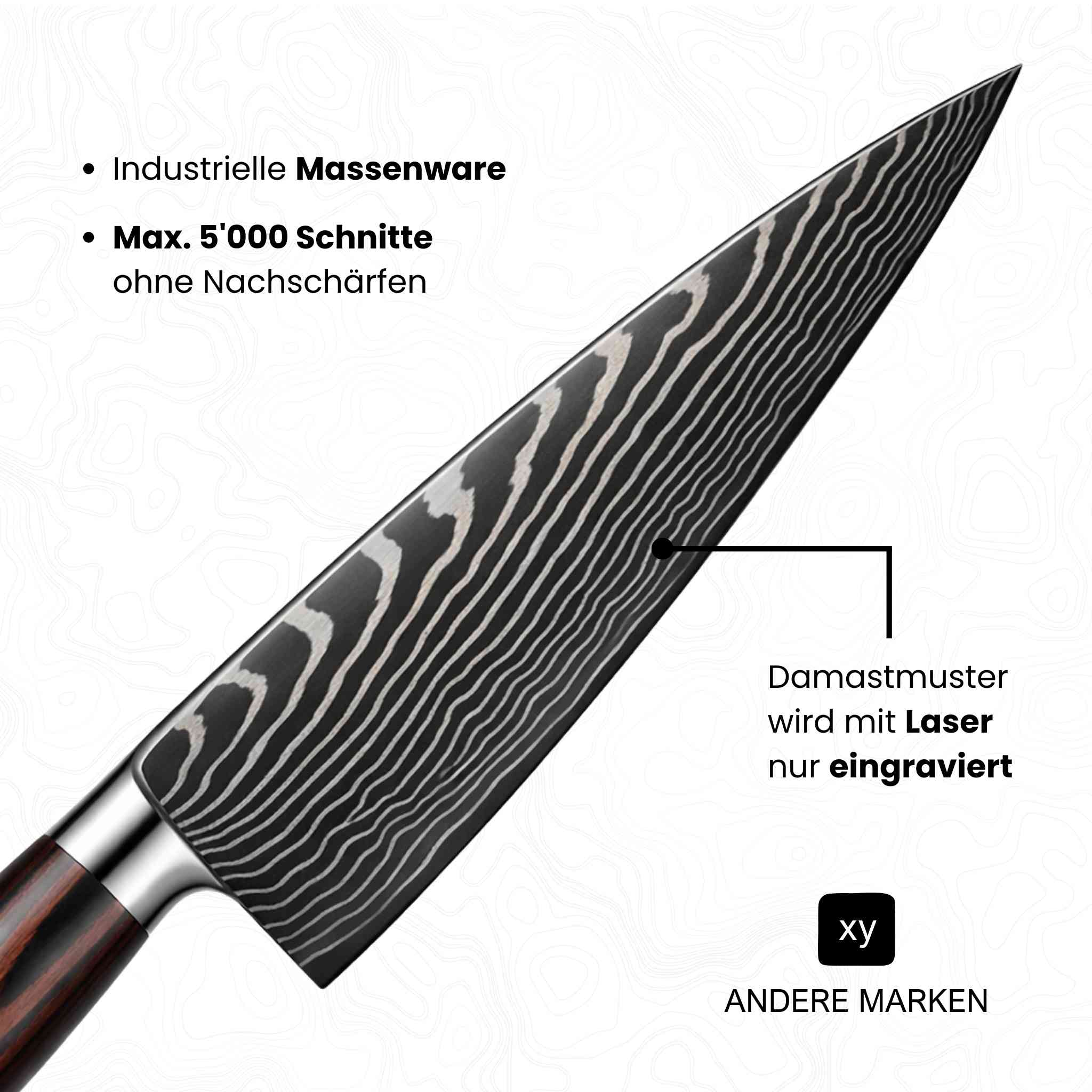 Klinge von einem billigen Damast-Fake (Chefmesser) mit diversen Angaben; Damastmuster wird mit Laser nur eingraviert, Industrielle Massenware, Max. 5'000 Schnitte ohne Nachschärfen