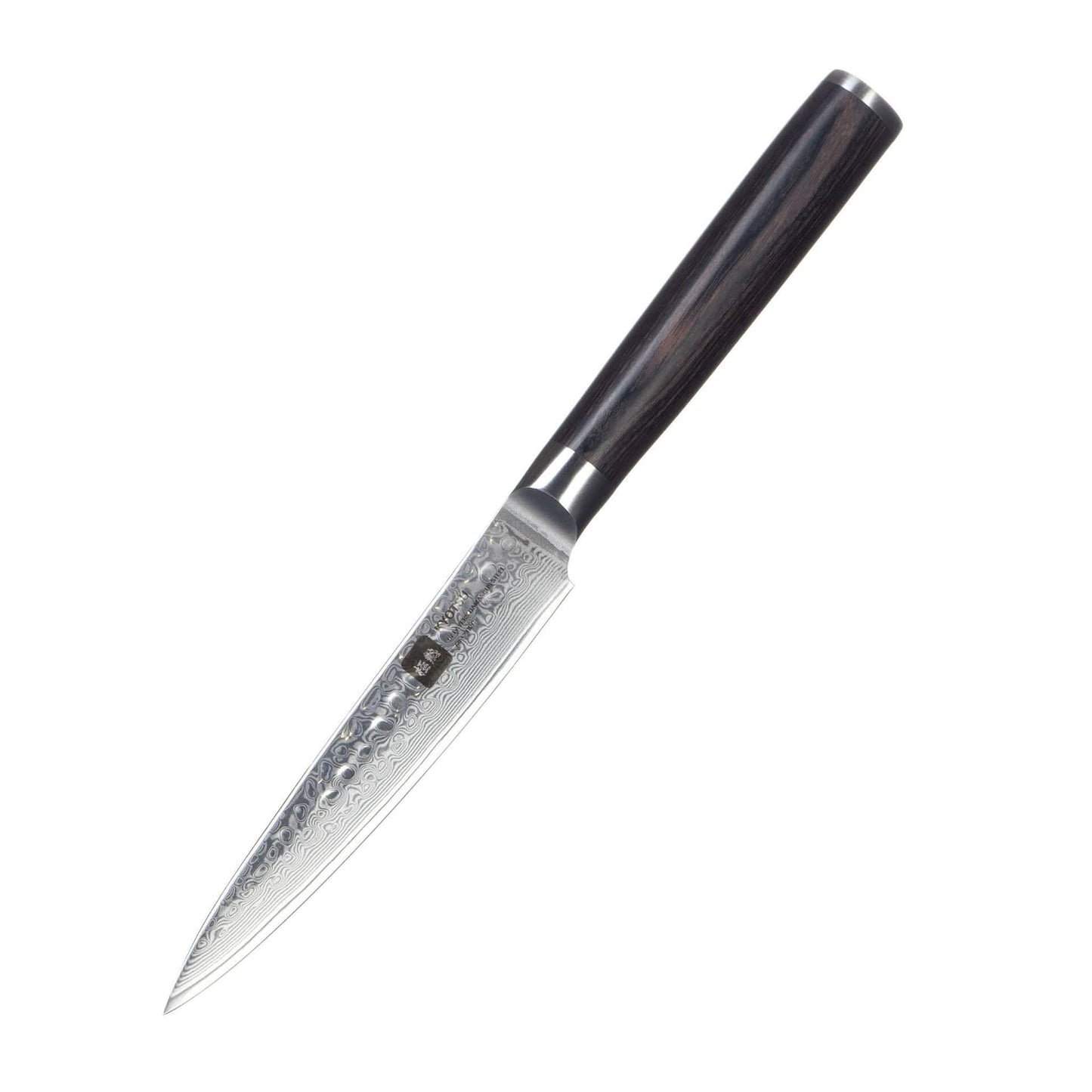 Kyotsu Allzweckmesser aus Damaststahl als edle Produktaufnahme auf weissem Hintergrund – klare Detailansicht.