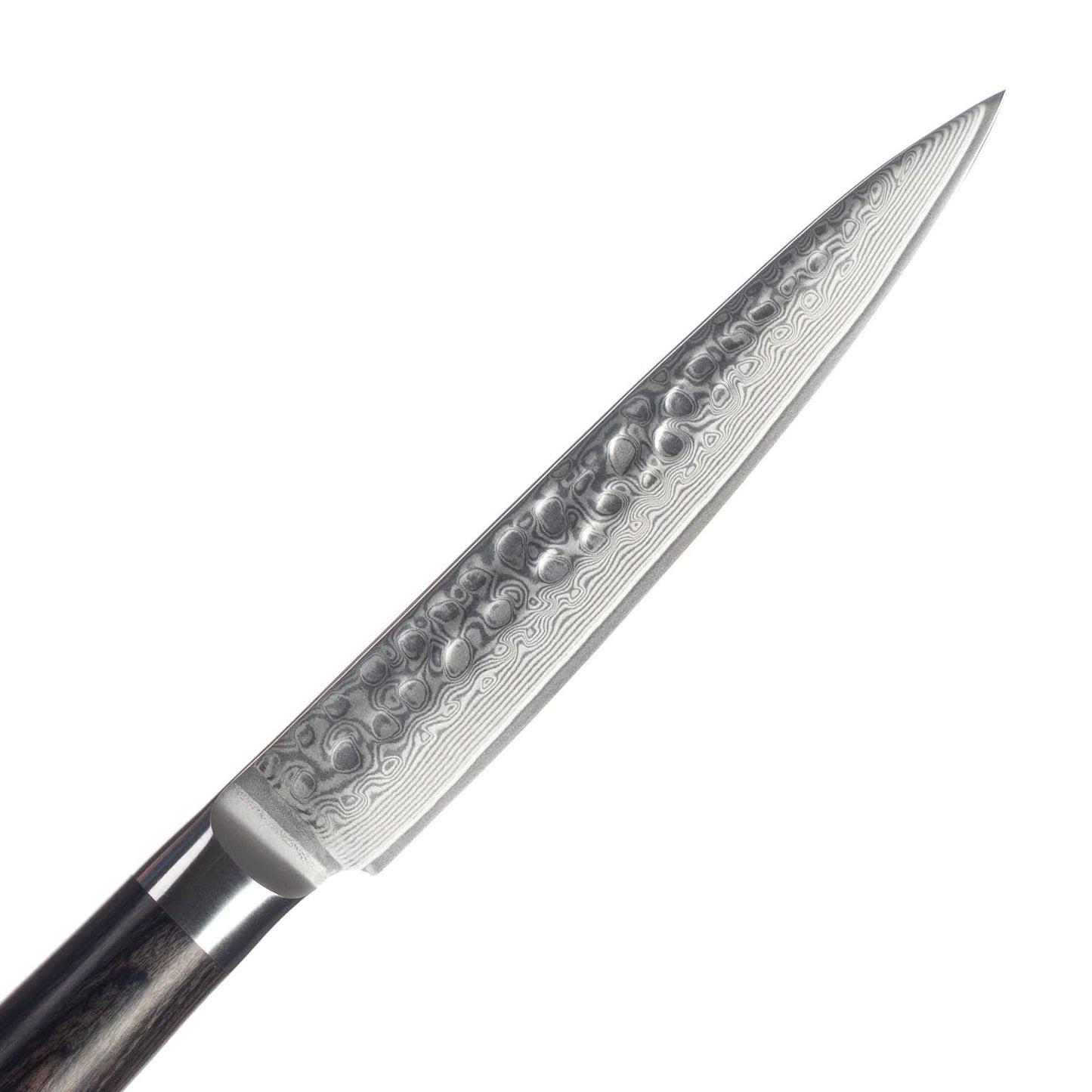 Nahaufnahme der Klinge aus Damaststahl mit Hammerschlag. Die wunderschöne Maserung aufgrund der Stahlschichten ist klar erkennbar.