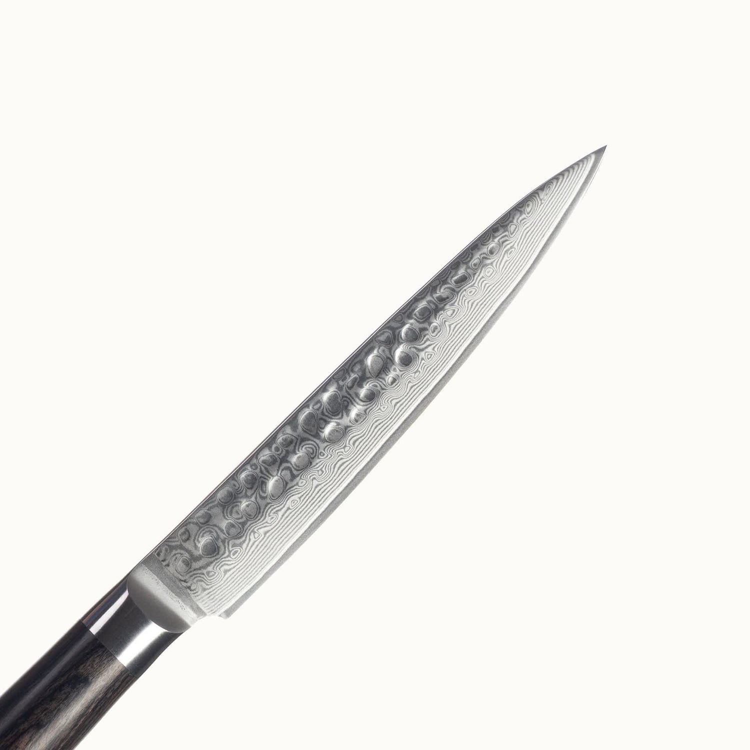 Nahaufnahme der Klinge aus Damaststahl mit Hammerschlag. Die wunderschöne Maserung aufgrund der Stahlschichten ist klar erkennbar.