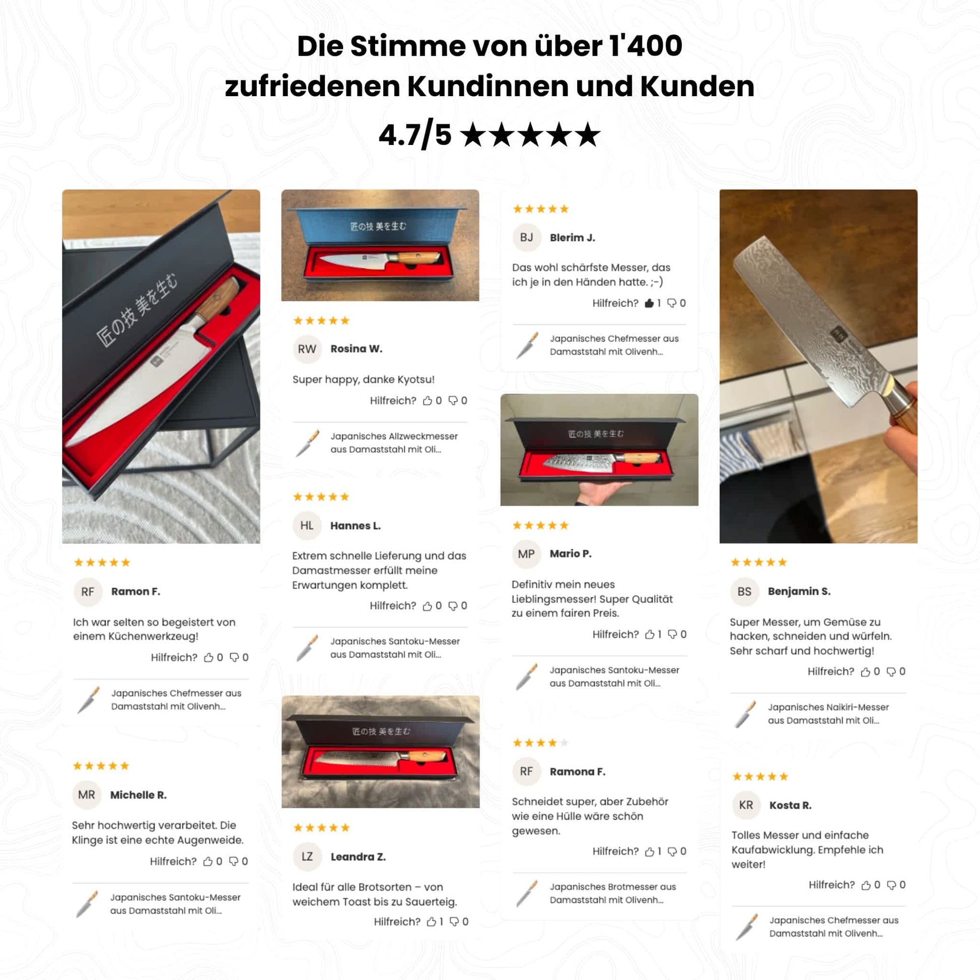 Diverse Screenshots von zufriedenen Kundinnen -und Kundenbewertungen von Kyotsu. Über 1'400 zufriedene Kundinnen und Kunden. Bewertung 4.7 von 5 Sternen.