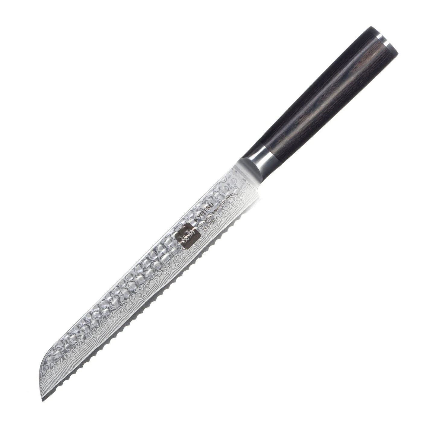 Kyotsu Brotmesser aus Damaststahl als edle Produktaufnahme auf weissem Hintergrund – klare Detailansicht.