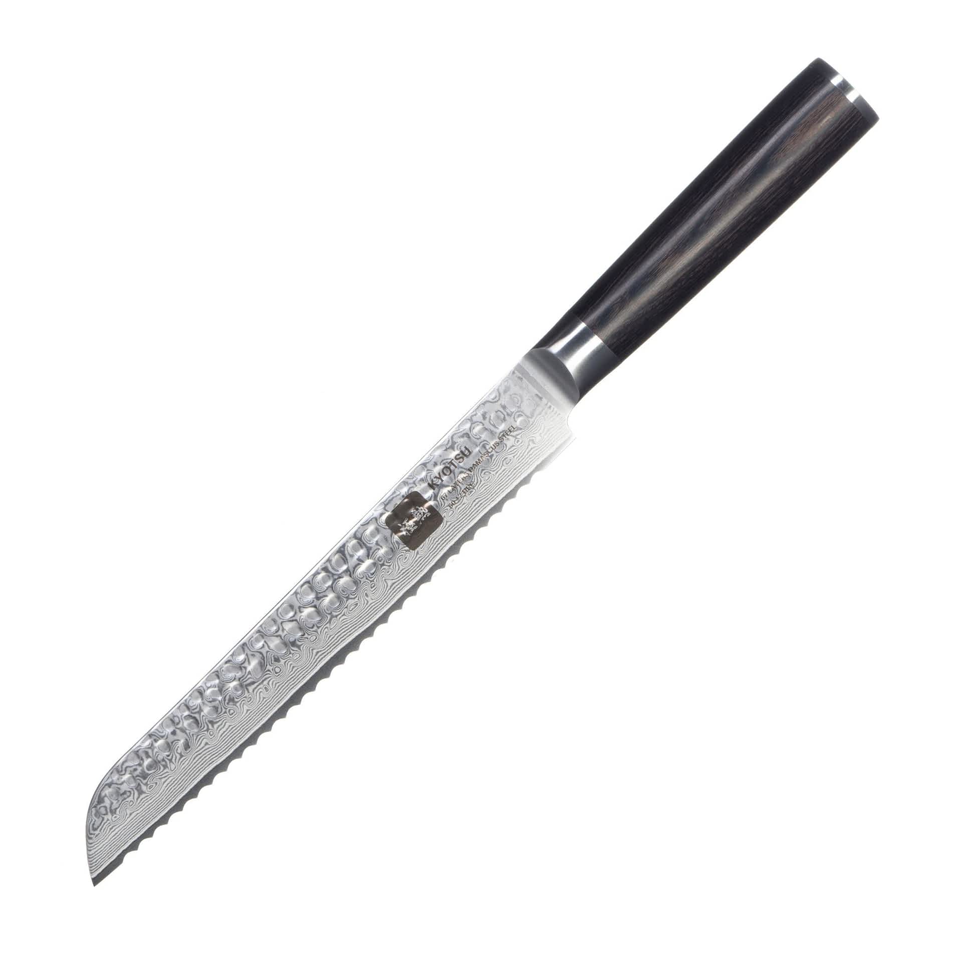 Kyotsu Brotmesser aus Damaststahl als edle Produktaufnahme auf weissem Hintergrund – klare Detailansicht.