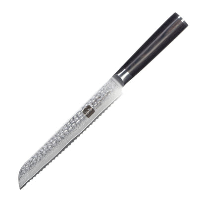 Kyotsu Brotmesser aus Damaststahl als edle Produktaufnahme auf weissem Hintergrund – klare Detailansicht.