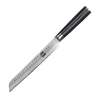 Produktaufnahme des Kyotsu Brotmesser mit Hammerschlag aus 67 Lagen Damaststahl und Pakkaholz-Griff