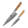 Produktaufnahme des Kyotsu Chefmesser und Allzweckmesser aus 73 Lagen Damaststahl und Olivenholz-Griff